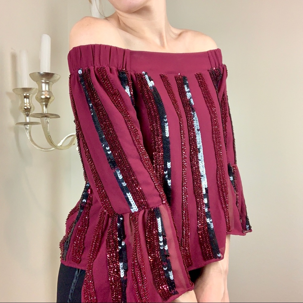 Cold Shoulder Sequined Flare Sleeve